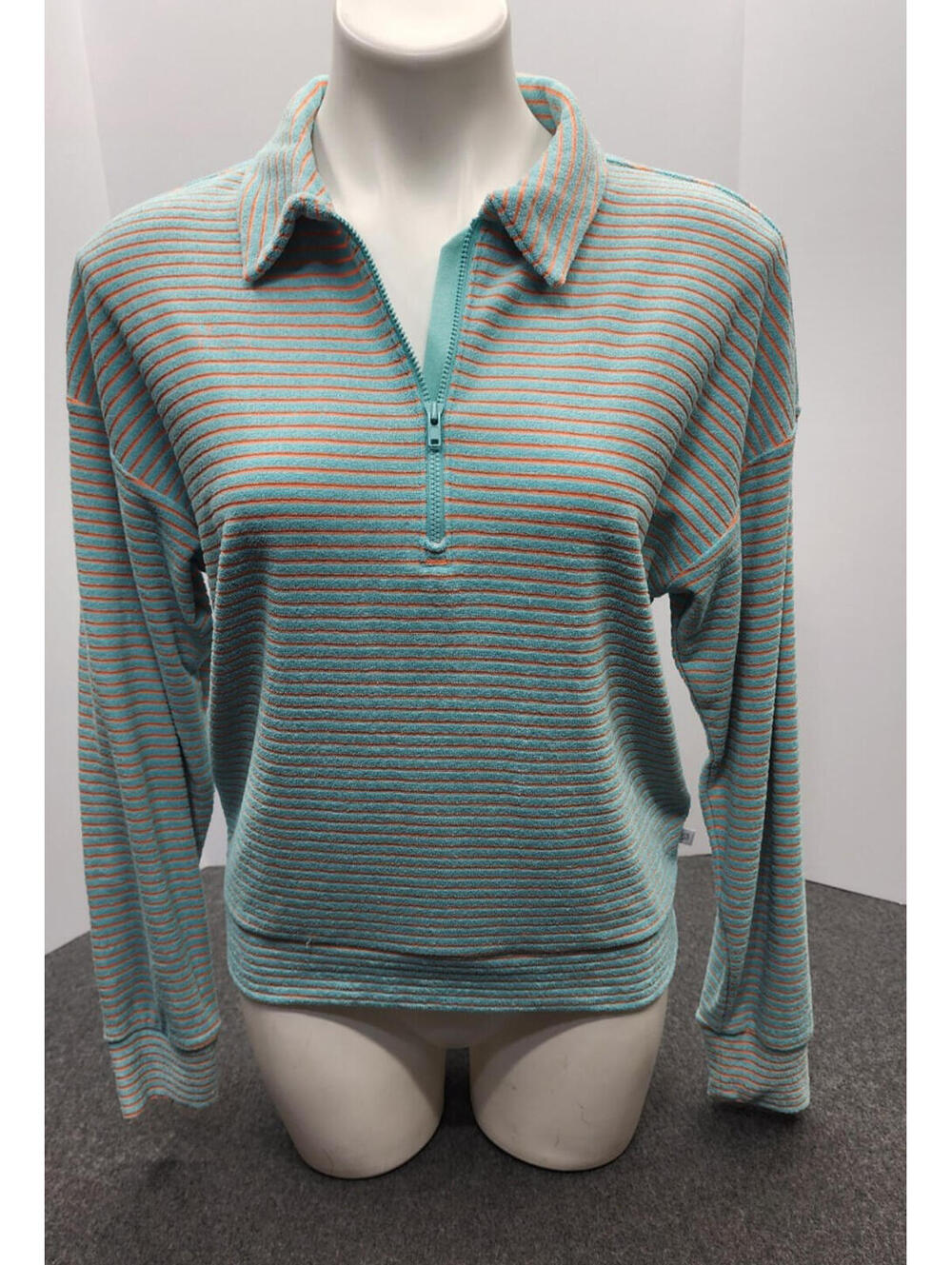 Peloton Women’s Aqua Orange Stripe 1/4 Zip Pullover Terry Cloth Size Small
